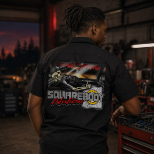 Skeleton Driving a Square Body Dickies Work Shirt – Design #30