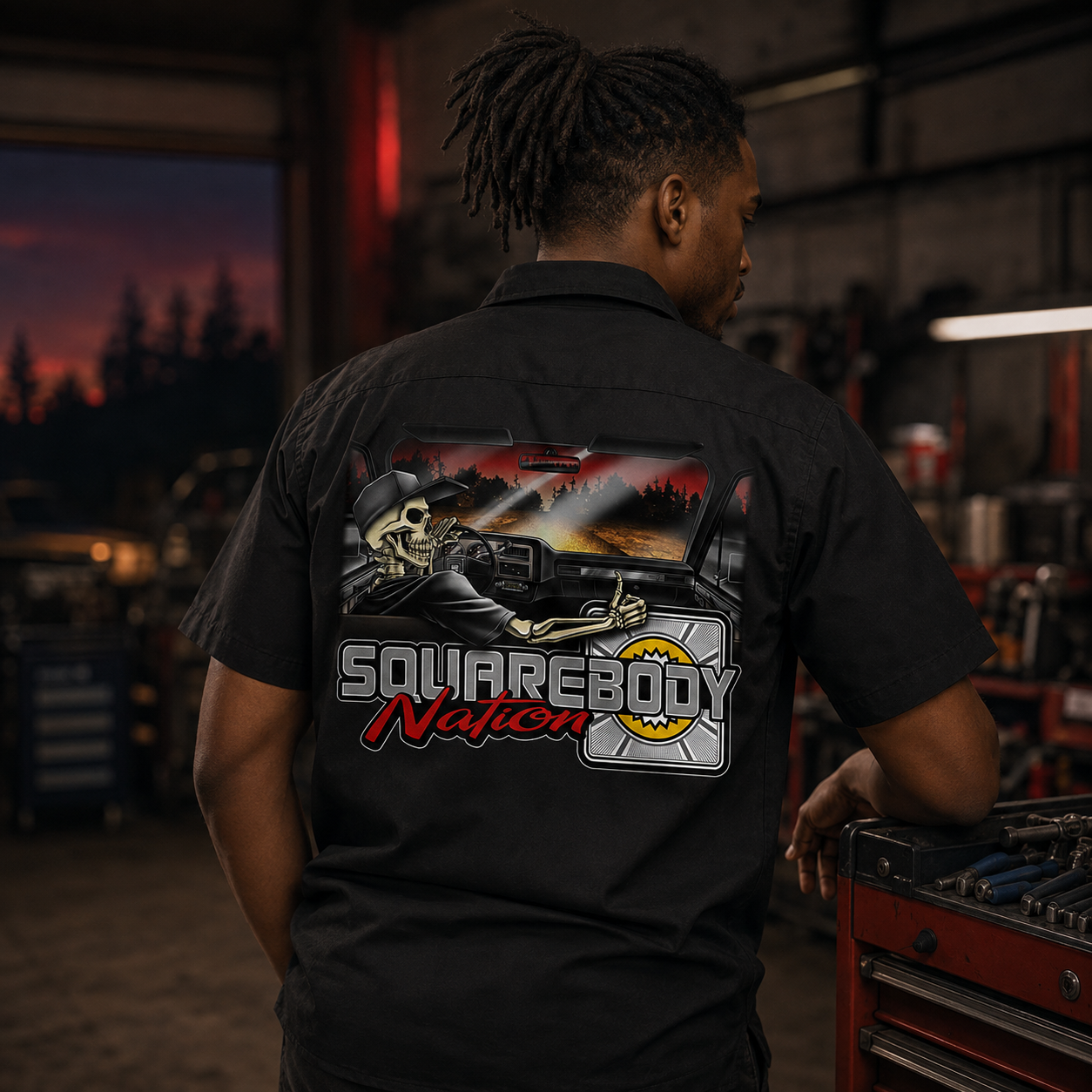 Skeleton Driving a Square Body Dickies Work Shirt – Design #30