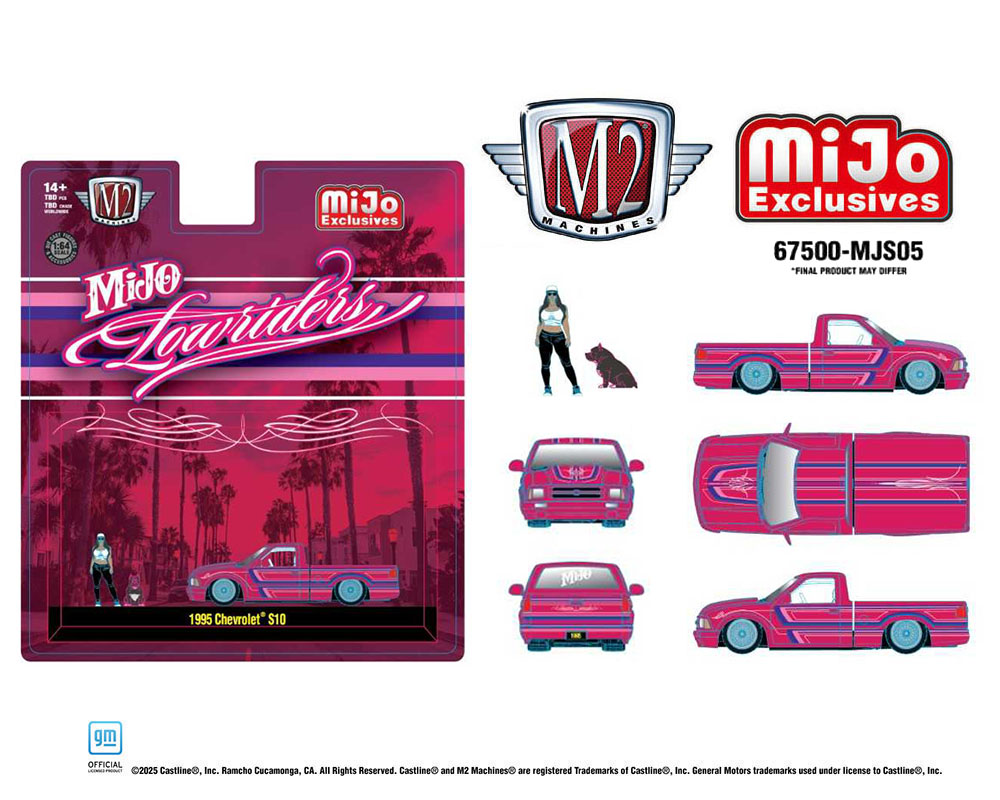 (Preorder) M2 Machines 1:64 1995 Chevrolet S10 Lowriders Diorama with Girl & Pitbull – Pink