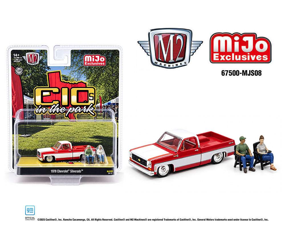 (Preorder) M2 Machines 1:64 Diorama Series 2026 “C10s In The Park” 1978 Chevrolet Silverado w 2 Figures – Two-Tone Red White